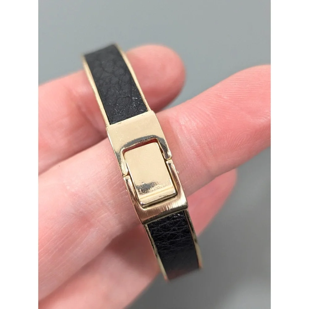 LOFT Black Leather Inlay Gold Tone‎ Hinge Bangle Bracelet 6.5 in